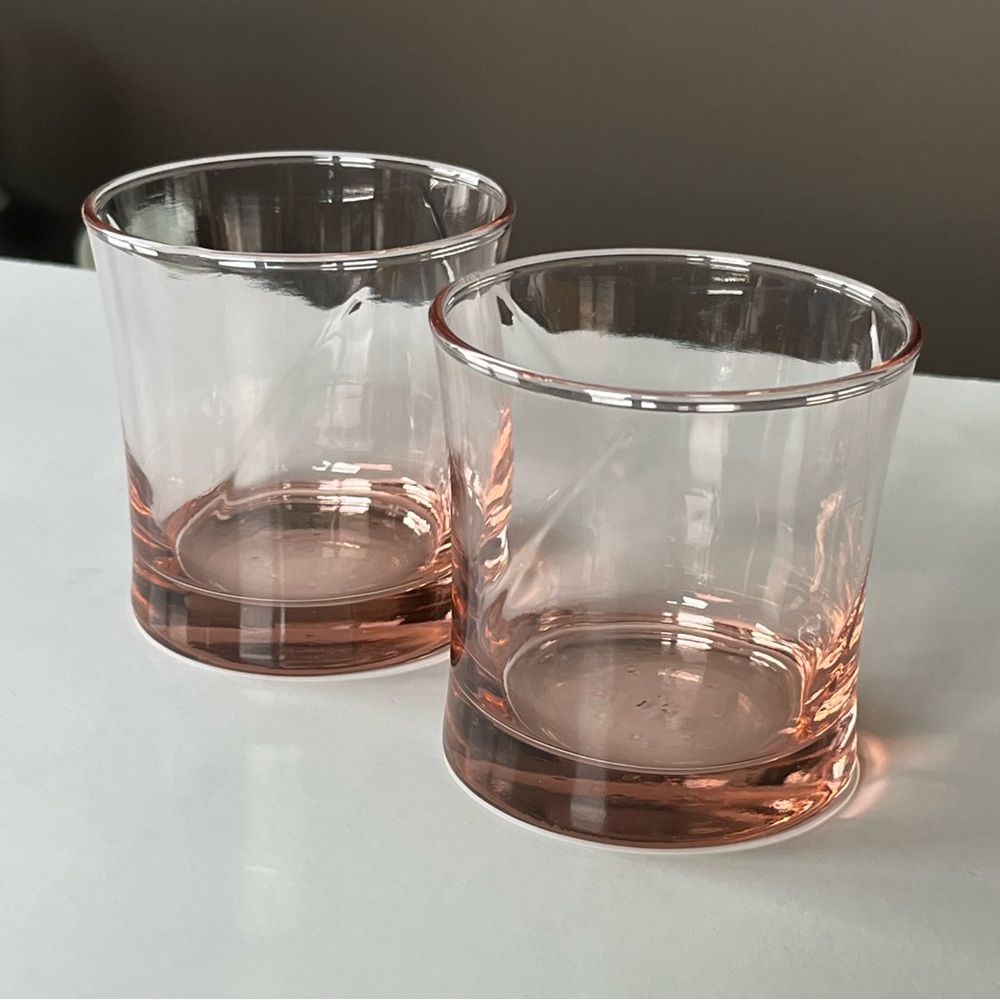 Pink Depression Glass drinkware, rocks glasses with optic swirl set/2